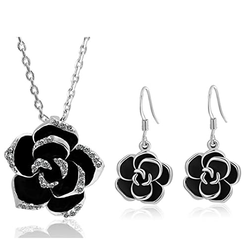 Hmooy Rose Schmuckset, Schwarz Rose Kamelie Blume Anhänger Halskette und Baumeln Haken Ohrringe Sets für Damen Mädchen Mode Blumen Schmuck für Hochzeit Braut (Schwarz) von Hmooy