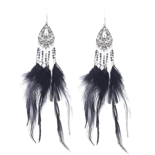 Ohrringe Ohrstecker Damen Schmuck Earrings Lange Federohrringe Für Frauen, Winzige Perlen, Quaste, Modische Vintage-Böhmische Ohrringe, Schwarz von Hmsanase