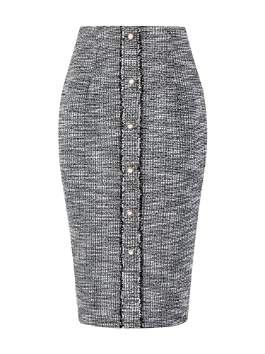 Hobemty Damen Tweed Rock Elegant Hohe Taille Knopfdekor Midi Länge Büro Bleistiftrock Schwarz S von Hobemty