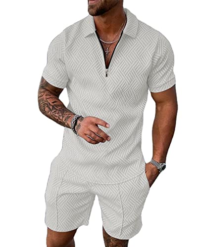 Hoefirm Herren Trainingsanzug Polo Kurzarm Anzug Set Reißverschluss Jogger Gym Top Casual Laufen Sport Sweat Activewear 2 Stück Anzug Hosen, weiß, XL von Hoefirm