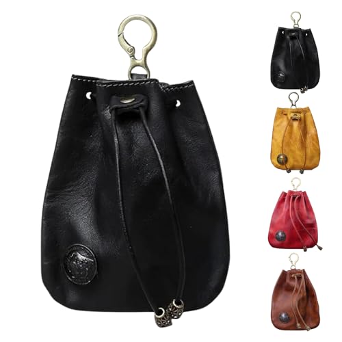 Handmade Cowhide Retro Storage Bag, Portable Retro Handmade Key Pouch, Vintage Leather Drawstring Coin Purse Car Key Bag, Small Leather Drawstring Pouch for Men & Women (Black) von Hohny