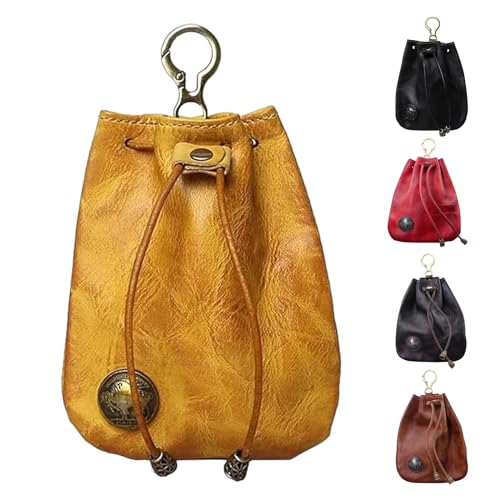 Handmade Cowhide Retro Storage Bag, Portable Retro Handmade Key Pouch, Vintage Leather Drawstring Coin Purse Car Key Bag, Small Leather Drawstring Pouch for Men & Women (Yellow) von Hohny