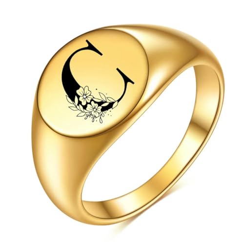 Frauen Männer Blume A-Z Buchstabe Gold Farbe Fingerring Initialen Name Alphabet Weibliche Partei Chunky Ringe Edelstahl Schmuck von Hokech