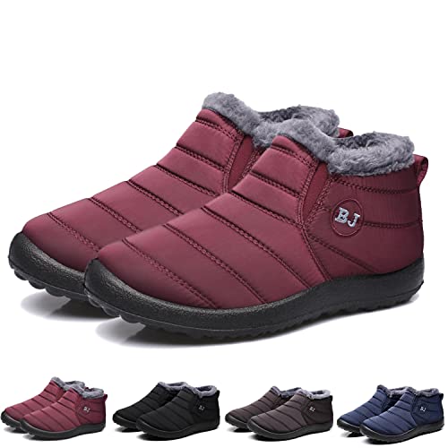 Boojoy Winterstiefel, Winter-Schneestiefel für Herren und Damen, Pelzfutter wasserdichte Slip On Outdoor Warme Stiefeletten (Rot, Numeric_37) von HOKUTO