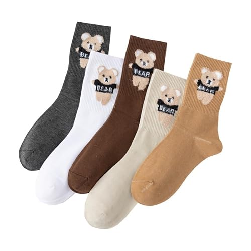Hokuto Bear Socks, Teddy Bear Socken, 5 Paar Frauen Socken Cute Stickerei BäR Casual FüR Frauen Socken (A) von HOKUTO