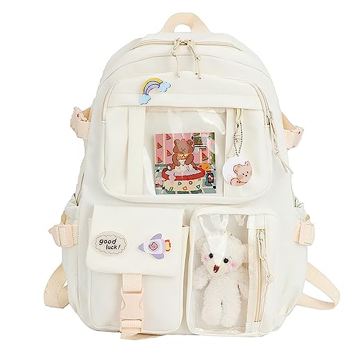 Hokuto Kawaii Rucksack Mit Pins Und Zubehör, Süßer Rucksack, Große Kapazität, Schulrucksack Mit Mehreren Taschen, Japanischer Rucksack Für Mädchen (White) von Hokuto