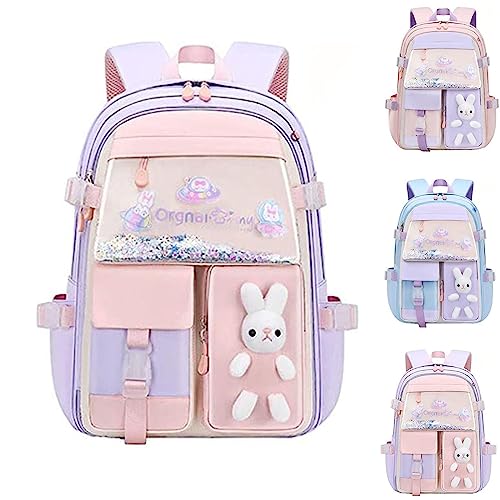 Hokuto Kawaii Rucksack Schule Kinder Mädchen Teenager Kaninchen-Backpack Süßer Hasen Große Kapazität Wasserdicht Rucksack (A-Purple-Large) von HOKUTO