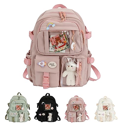 Hokuto Kawaii-Rucksack mit Kawaii-Pin und Zubehör, süßer, ästhetischer, salbeigrüner Rucksack für Mädchen (Pink) von HOKUTO