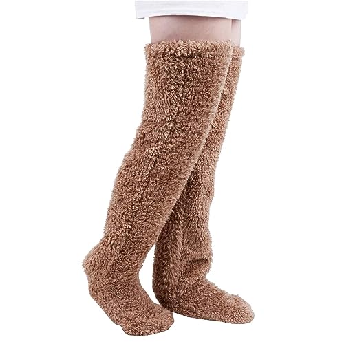 Hokuto Teddy-Beine Lange Socken Pelzige Beinwärmer Pfoten Oberschenkelstrümpfe Knie Flauschiger Plüsch Winter Zuhause Schlafen Slipper-Socken (Brown) von HOKUTO