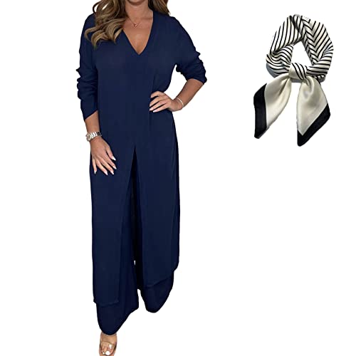 Lässiger zweiteiliger Anzug mit langem Oberteil und passender Hose, Übergröße, bequeme Damen-Outfits, Schlitzsaum, lange Bluse und weites Beinhose, Set, marineblau, XXXXL von Hokuto