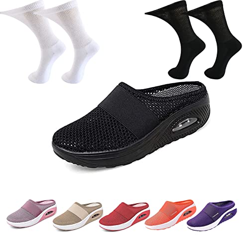 Orthopädische Diabetiker-Laufschuhe Zum Hineinschlüpfen Mit Luftkissen, Ortorex Schuhe Diabetiker Sandalen Walkin Schuhe Damen Für Geschwollene Füße Mit 2 Paar Diabetikersocken (Black, 37) von Hokuto