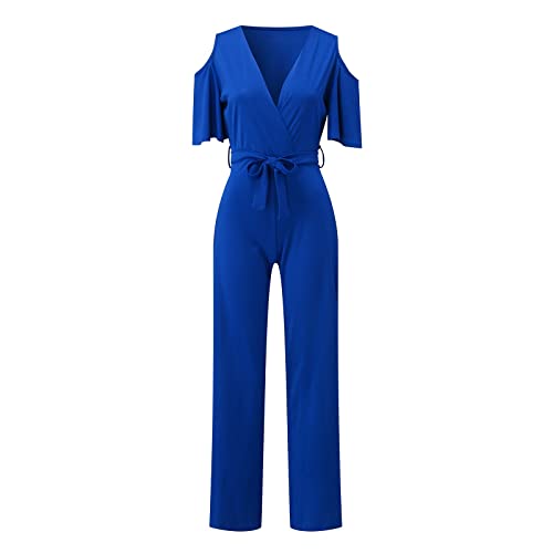 Damen Jumpsuit mit Bindegürtel V-Ausschnitt Elegant Kurze Ärmel Jumpsuit lang Overall Hosenanzug Playsuit Romper für Hochzeit Business Festlich Weite Hosen Lang Overall Spielanzug (A-02, S) von HolAngela