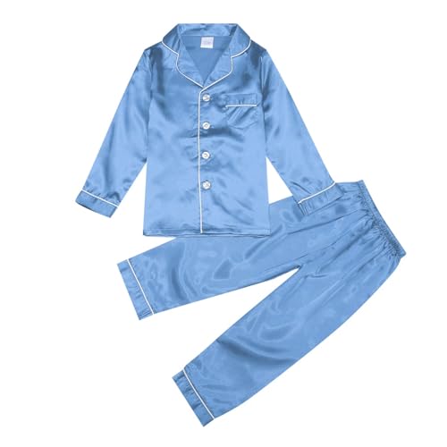 Mädchen Jungen Satin Pyjama Set Langarm Button Down Oberteile Pyjama Shirt + Lange Hosen Nachtwäsche Outfits 2-teiliges Set Satin Top Hosen Outfit Langarm Shirt und (1A-Light Blue, 2-3 Years) von HolAngela