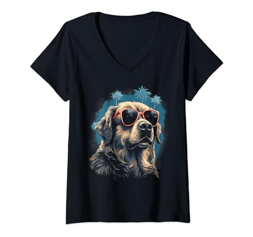 Damen Anatolischer Schäferhund Sommer Urlaub Sonnenbrille Strand T-Shirt mit V-Ausschnitt von Holiday 365