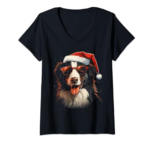 Damen Border Collie Weihnachtshund, Weihnachtsfeiertag, Haustierbesitzer Spaß T-Shirt mit V-Ausschnitt von Holiday 365