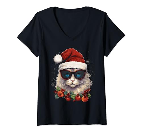 Damen Burmilla Cat, Weihnachts-/Weihnachts-/Feiertags-Design, niedliches Katzenliebhaber-Design T-Shirt mit V-Ausschnitt von Holiday 365