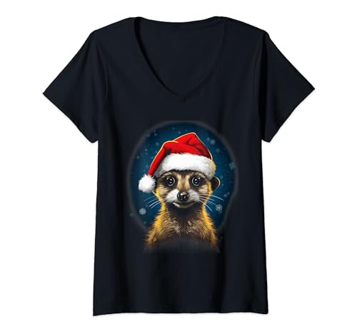 Damen Erdmännchen Weihnachten Nikolausmütze Xmas Urlaub Zoo Tier T-Shirt mit V-Ausschnitt von Holiday 365