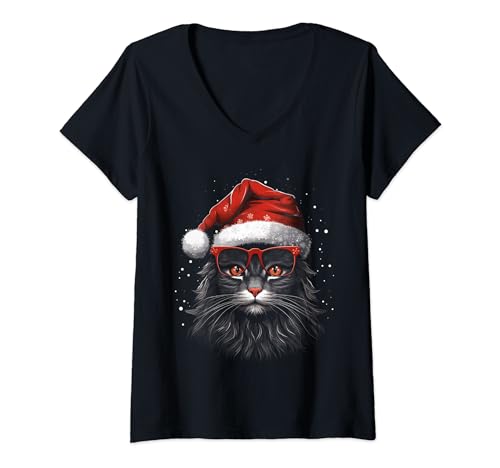 Damen Norwegische Waldkatze Weihnachtsmütze Brille Winterurlaub T-Shirt mit V-Ausschnitt von Holiday 365