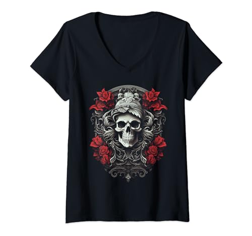 Damen Totenkopf Gothic Rose Dunkle Blumenkrone Okkulte Punk Geschenke T-Shirt mit V-Ausschnitt von Holiday 365