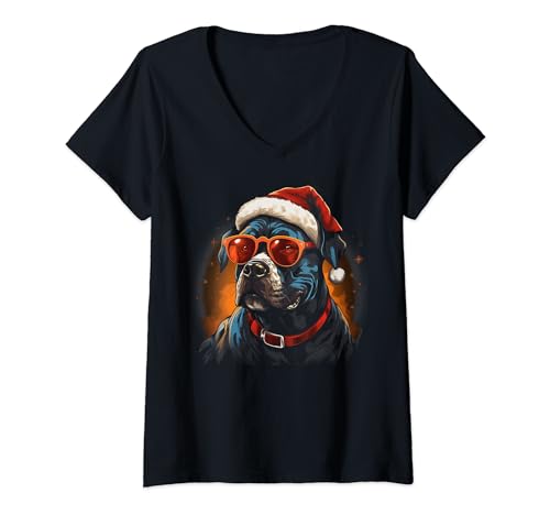 Damen Weihnachten, American Staffordshire Terrier, Hunde-Weihnachtsfeiertag T-Shirt mit V-Ausschnitt von Holiday 365