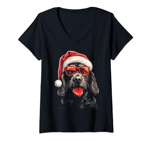 Damen Weihnachtliche Hundesonnenbrille für Tierliebhaber T-Shirt mit V-Ausschnitt von Holiday 365