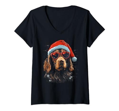 Damen Weihnachts-Hundebekleidung mit Sonnenbrille, cooler Hund T-Shirt mit V-Ausschnitt von Holiday 365