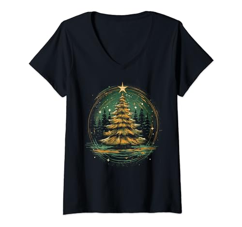 Damen Weihnachtsbaum-Weihnachts-T-Shirts mit origineller Grafik T-Shirt mit V-Ausschnitt von Holiday 365