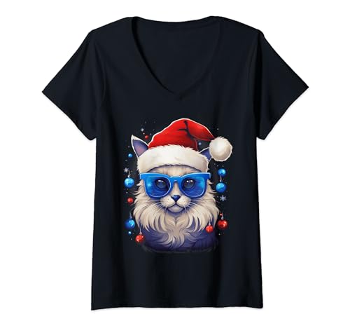 Damen Weihnachtsbaum mit siamesischer Katze T-Shirt mit V-Ausschnitt von Holiday 365