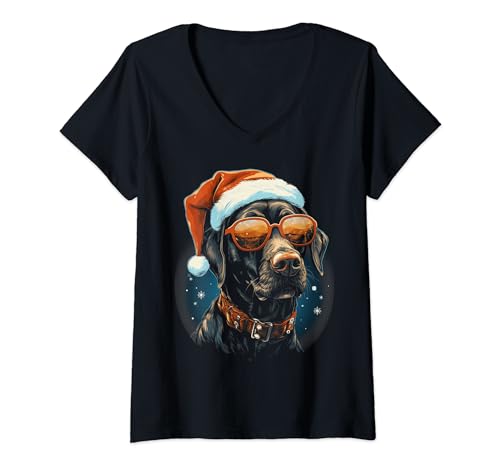 Damen Weihnachtshund mit Weihnachtsmütze für Hundeliebhaber T-Shirt mit V-Ausschnitt von Holiday 365