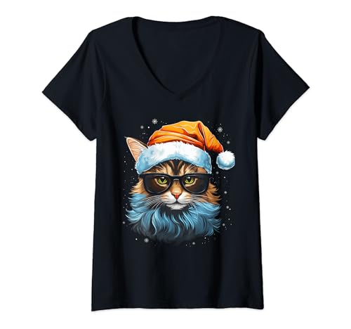 Damen Weihnachtskatze, Weihnachtsmannmütze, Brille, Xmas Kitty Bekleidung Urlaub T-Shirt mit V-Ausschnitt von Holiday 365