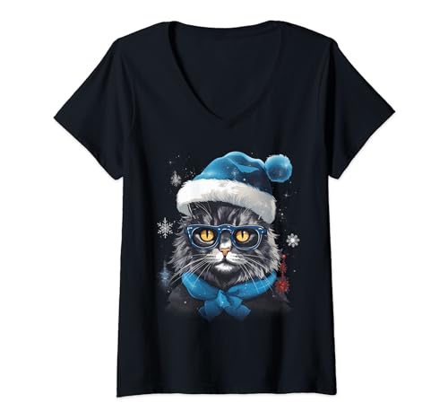 Damen Weihnachtskatze für Weihnachten, Urlaub, Kätzchen, Wintersaison T-Shirt mit V-Ausschnitt von Holiday 365