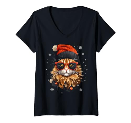 Damen Weihnachtskatzen-Weihnachtsbaum, lustiger Katzenliebhaber, Urlaub T-Shirt mit V-Ausschnitt von Holiday 365