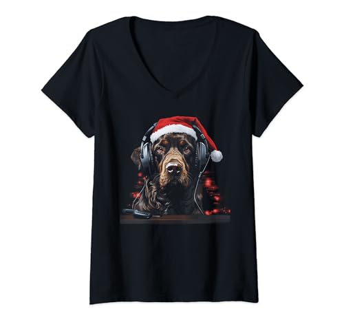 Damen Weihnachtskopfhörer für Hunde, Musikliebhaber, Weihnachts-DJ T-Shirt mit V-Ausschnitt von Holiday 365