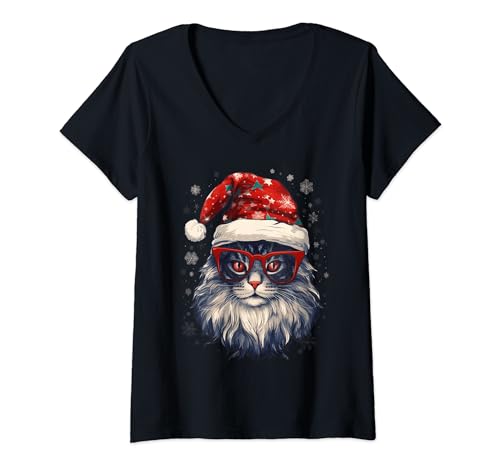 Damen Weihnachtsmütze für Katzen, Nikolausmütze, Weihnachten T-Shirt mit V-Ausschnitt von Holiday 365
