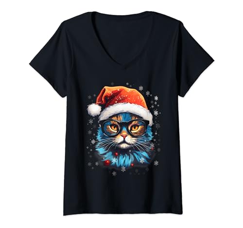Damen Weihnachtsmütze für Katzen, Weihnachtsmannmütze, lustiger Katzenliebhaber T-Shirt mit V-Ausschnitt von Holiday 365