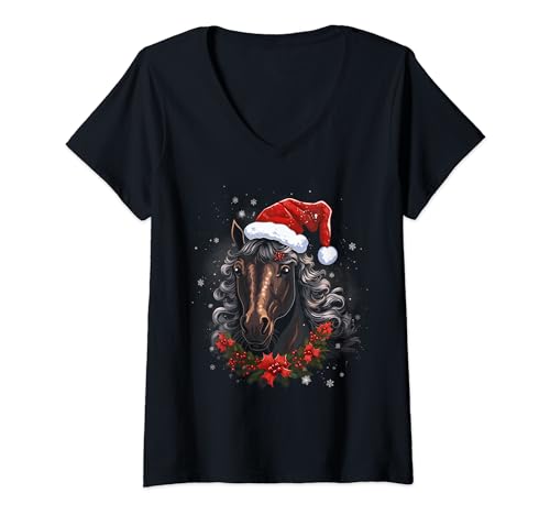 Damen Weihnachtspferd, Weihnachtsfeiertag, niedliches Pferdeliebhaber-Design, Urlaub T-Shirt mit V-Ausschnitt von Holiday 365