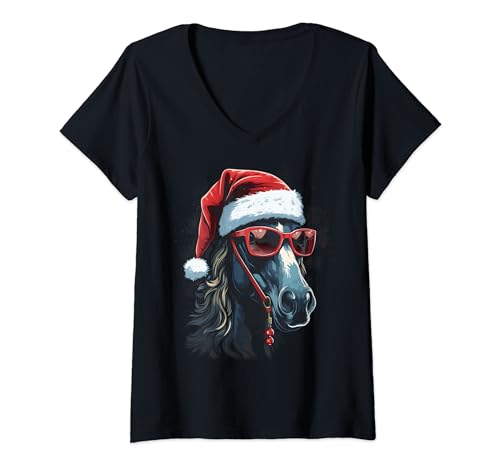 Damen Weihnachtspferd, Weihnachtsmannmütze, Reit-Design T-Shirt mit V-Ausschnitt von Holiday 365