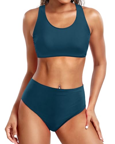 Holipick Zweiteiliger Damen-Bikini mit hoher Taille, bauchfreies Top, Badeanzug, U-Ausschnitt, Badeanzug für Teenager, Mädchen mit Unterteil, Blau Grün, Large von Holipick