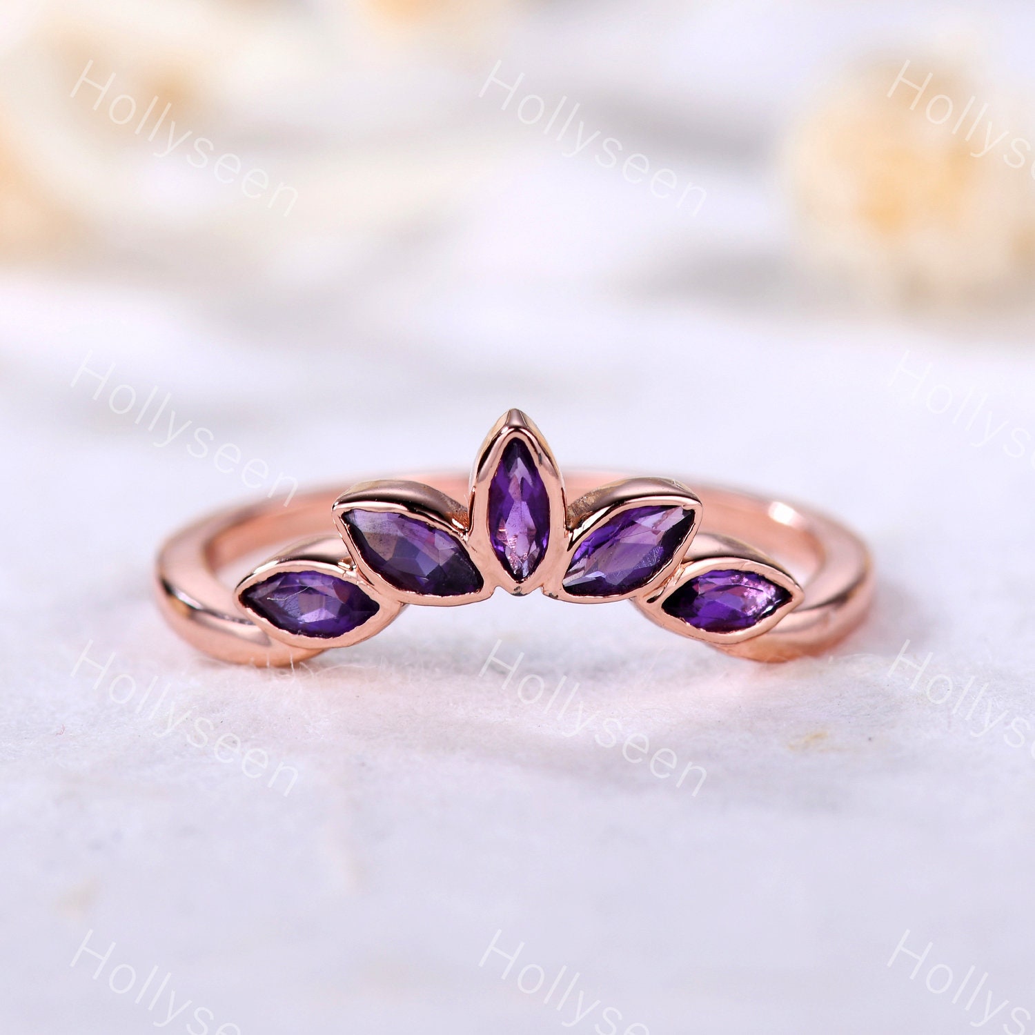 Amethyst Ehering Marquise Verlobungsring Geschwungener Edelsteinring Stapelring Unikat Ring Wikinger Silber 14K von Hollyseen