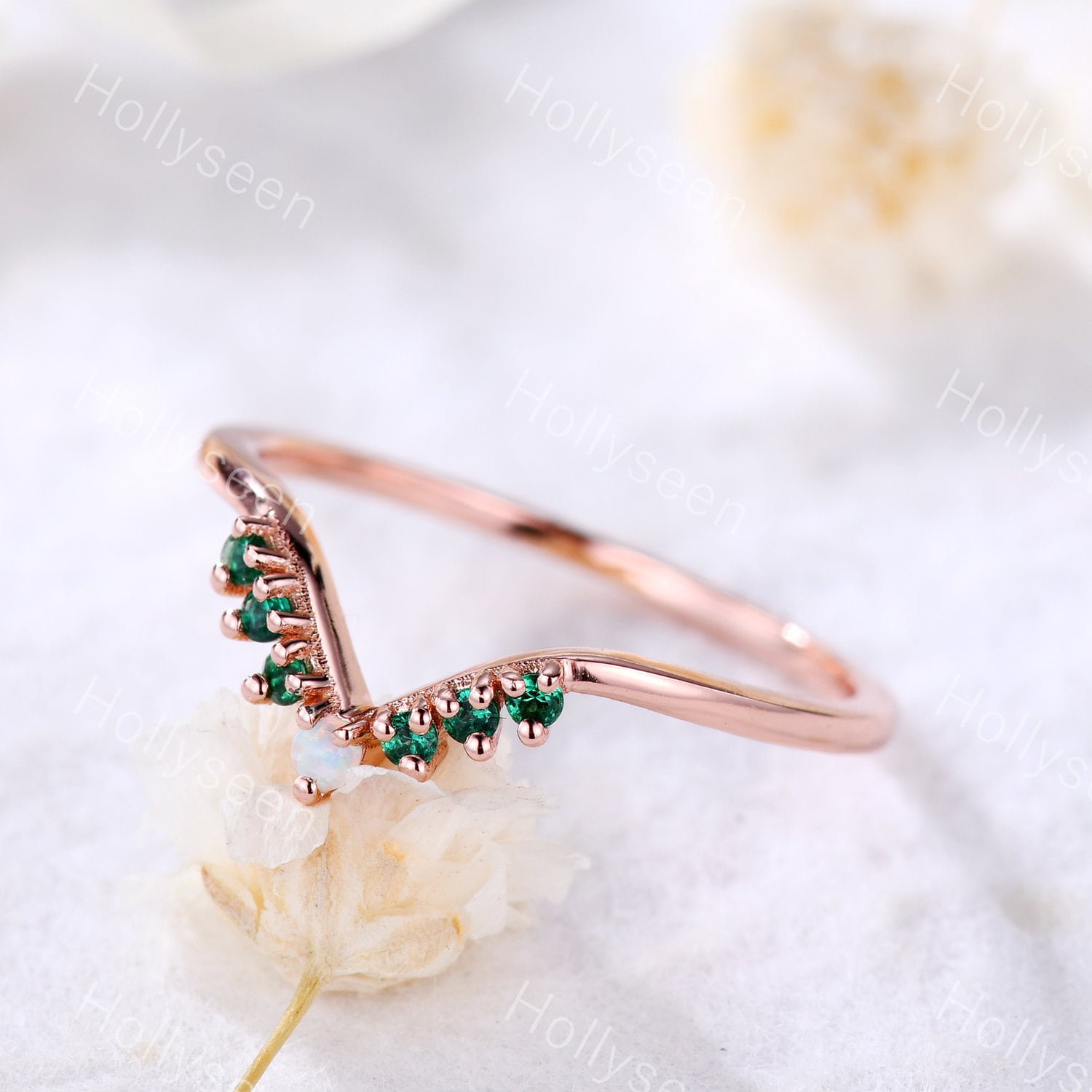 Curve Opal Smaragd Rose Gold Ehering Chevron Verlobungsring Silber 14K V Form Braut Statement Stapelring von Hollyseen