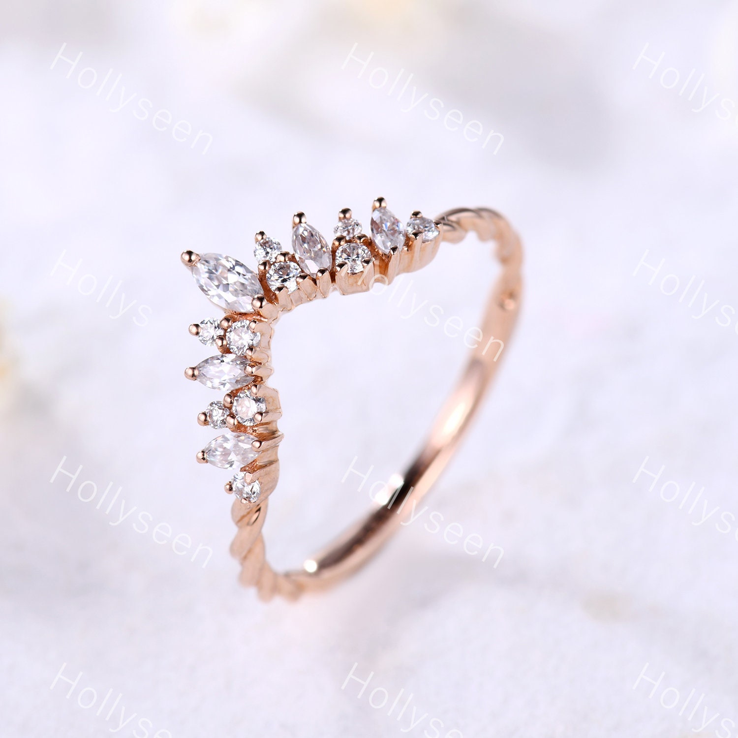 Marquise Cz Diamant Silber 14K Rosegold Ehering Twist Verlobungsring Art Deco Kurve Stapelbar Braut Frauen Stapelring von Hollyseen