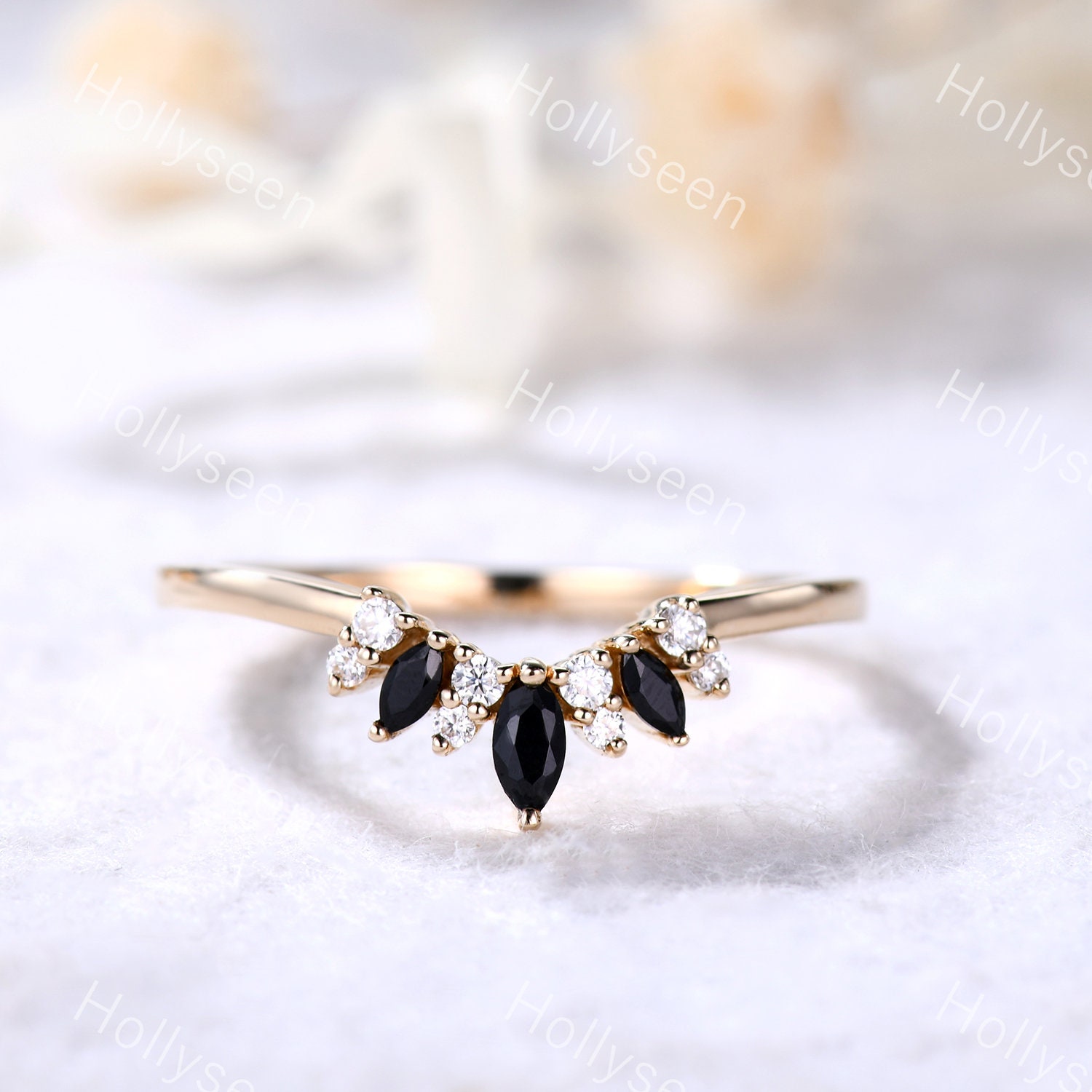 Marquise Schwarzer Onyx Ehering Rose Gold Moissanite Gebogen Zierlicher Ring Jubiläumsring Versprechen Für Frauen von Hollyseen