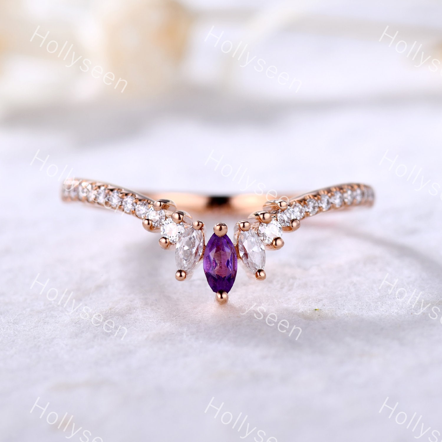 Moissanit Ehering Rosegold Geschwungenes Marquise Amethyst Ring Vintage Stapelring Unikat Verlobungsring Sterling Silber von Hollyseen