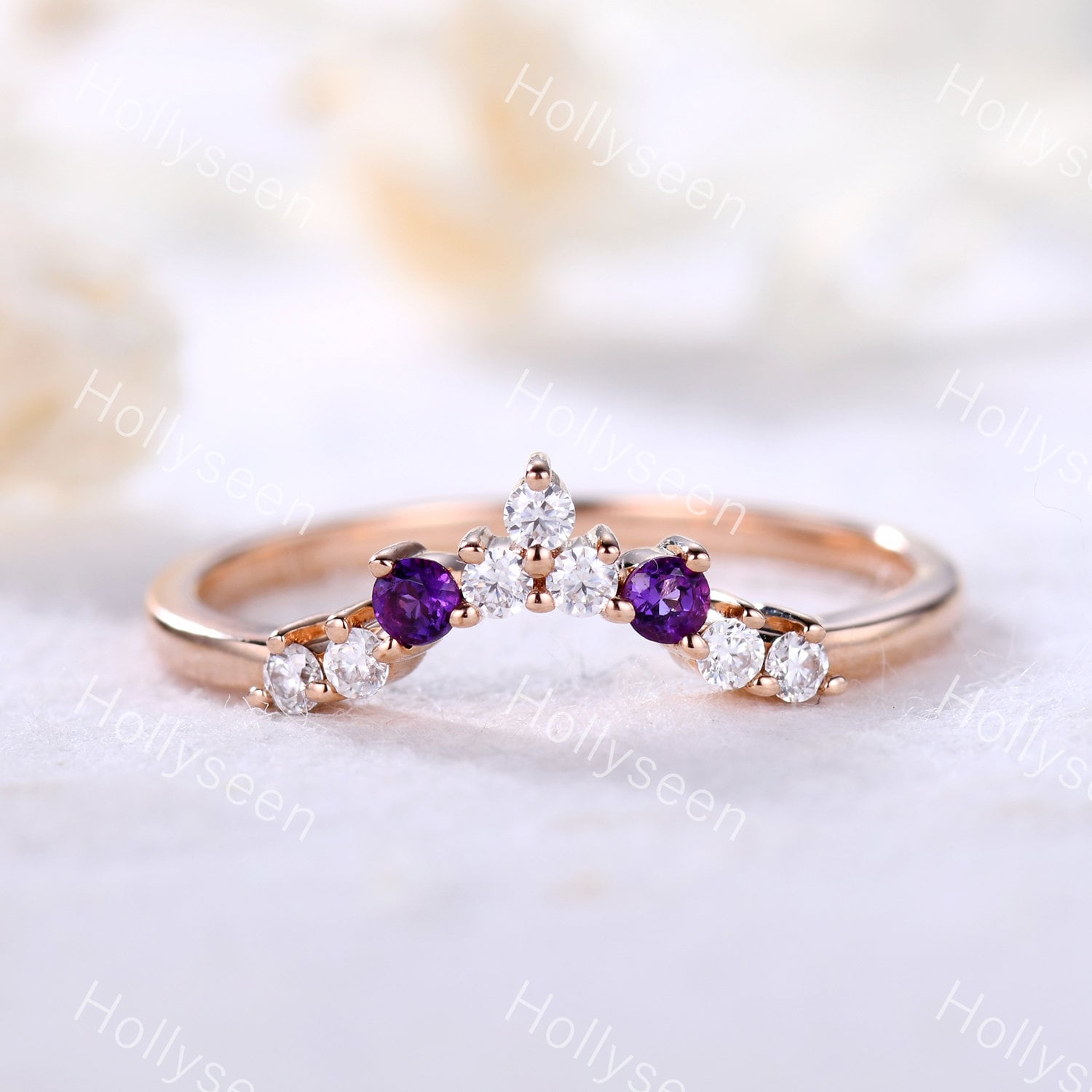 Moissanite Ehering Gebogener Amethyst Band Ring Stapelring Passender Sterling Silber Gold von Hollyseen