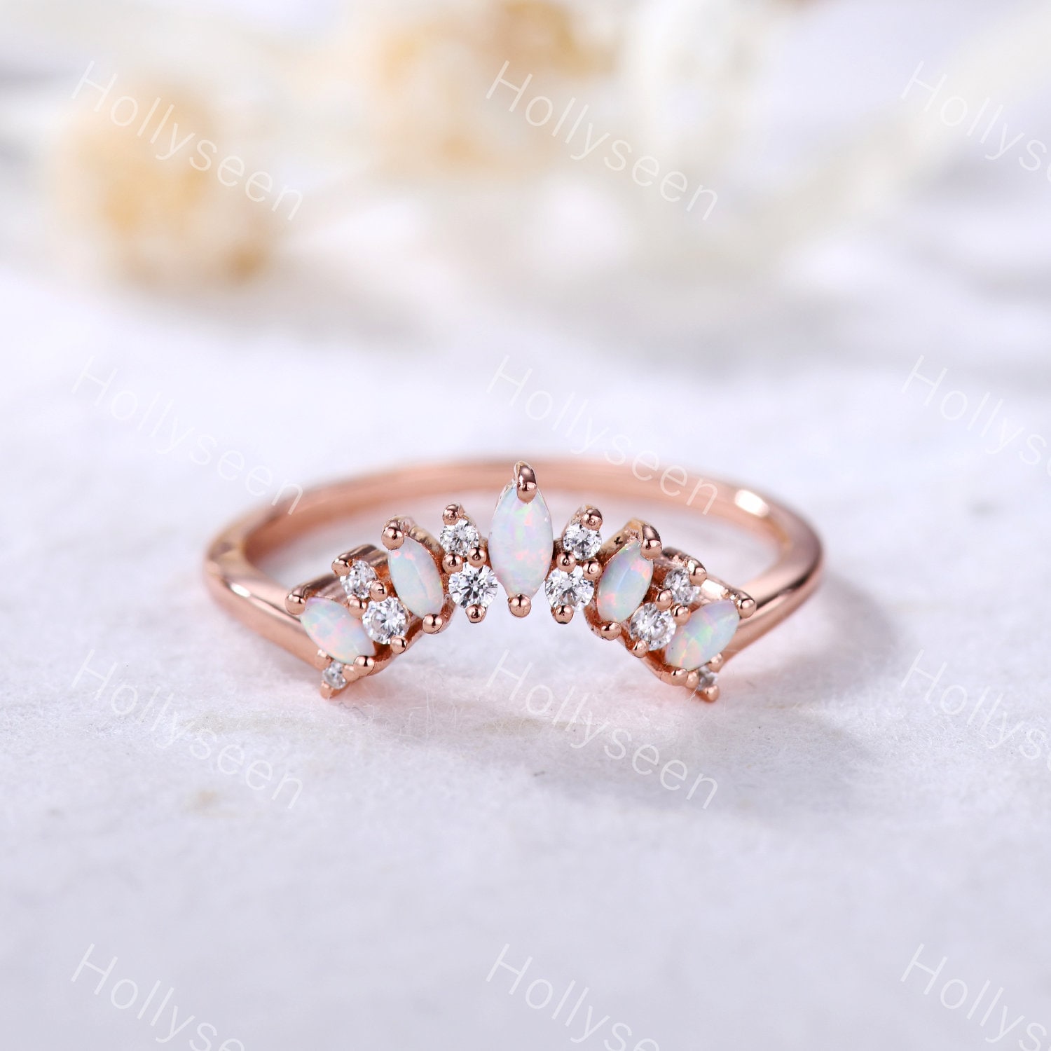 Opal Ehering Geschwungener Moissanite Vintage Ring Einzigartiger Zierlicher Versprechen von Hollyseen