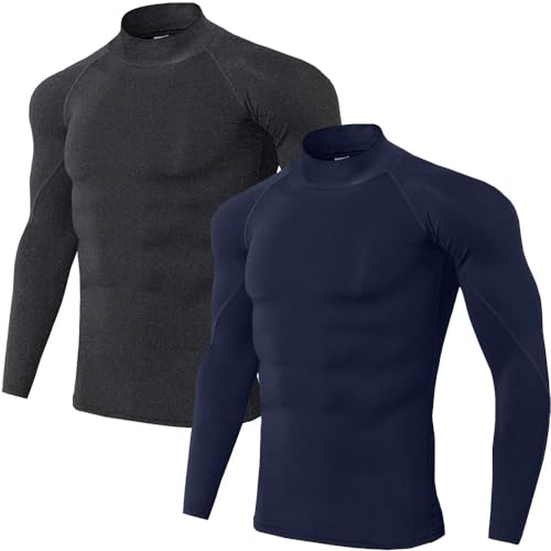 Herren (2er Pack) Kompression Langarm Stehkragen Wintersport Baselayer T-Shirts Tops Marine/Kohlenschwarz08-L von Holure