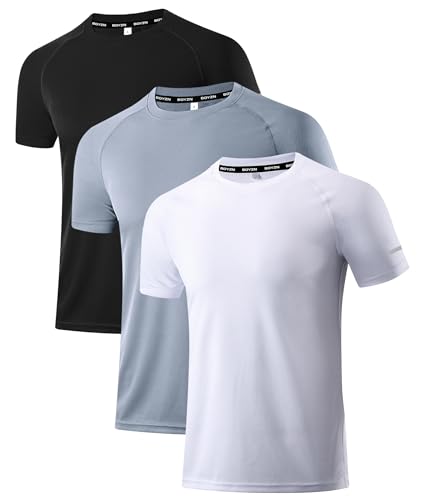 Holure Herren 3er Pack Sports Atmungsaktiv Schnelltrocknend Kurzarm T-Shirts Schwarz/Grau/Weiß XL von Holure