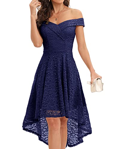 Homrain Damen Elegant Abendkleider Festlich Cocktailkleid Schulterfrei Brautjungfernkleider Spitzen Knielange Rockabilly High Low Ballkleid Navy L von Homrain