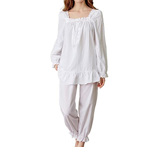 Homgro Damen Baumwolle Pyjama Set 2 Stück Vintage Lounge Set Langarm Top Hose Pjs Spitze Rüschen Viktorianische Nachtwäsche, A-weiß, M von Homgro