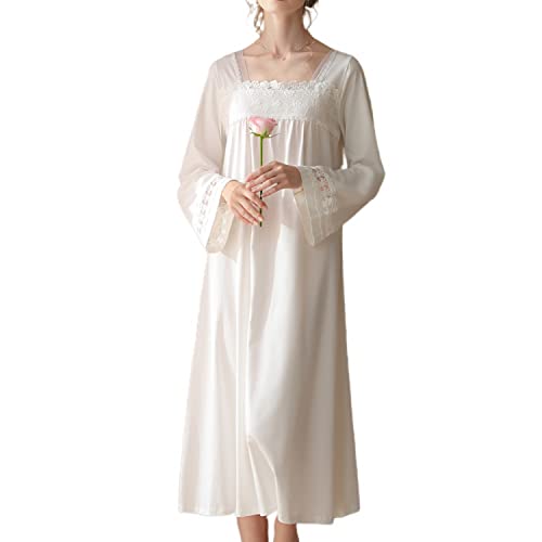 Homgro Damen Baumwolle Schlafhemd Niedliche Spitze Viktorianisches Nachthemd Weiche Glockenärmel Lang Pyjama Kleid Billowy Nachtwäsche, Weiss/opulenter Garten, X-Large von Homgro